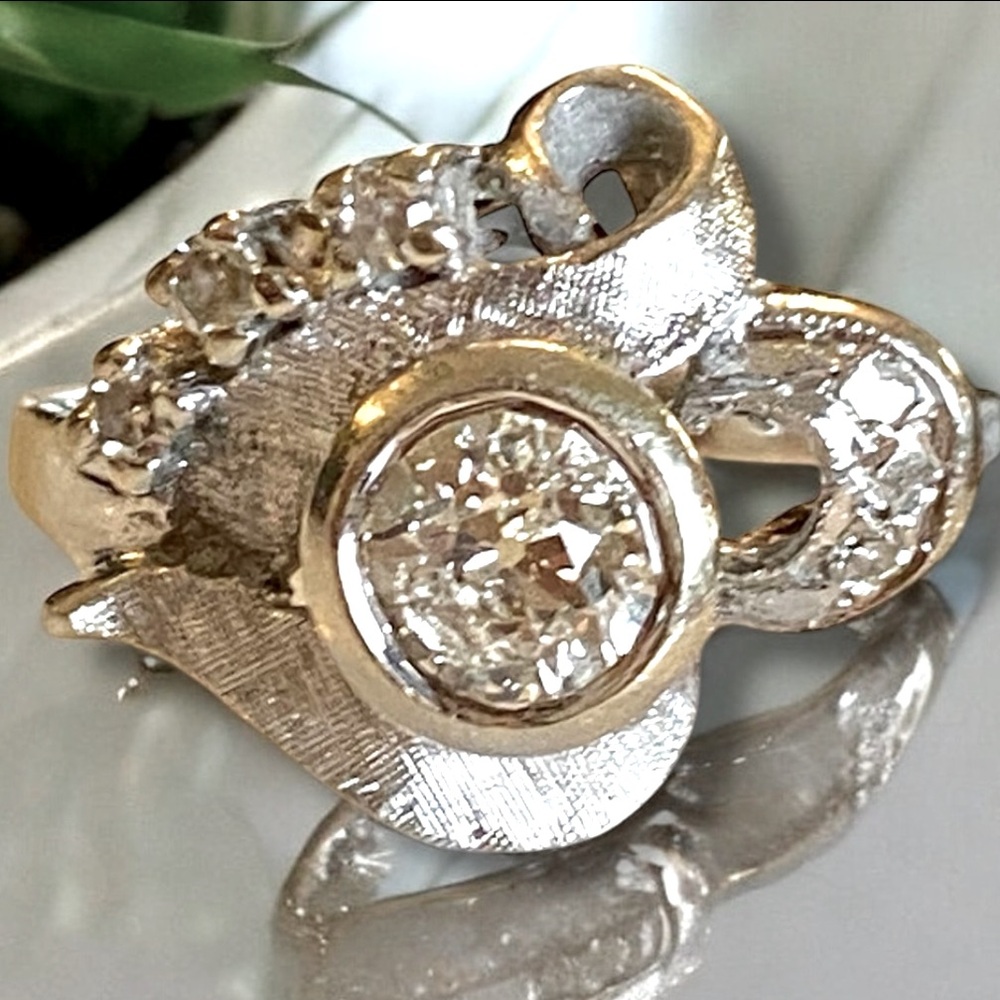 Vintage Estate 14k White Brushed Gold DIAMOND Cocktail Statement Ring Size 5.5